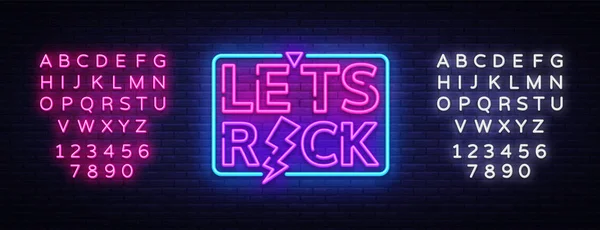 Lets Rock Vector Neon. Rock Music Neon Sign, Bright Night Sign, Light Banner, Neon Night Live Music Promotion, Nightlife Vector. Editing text neon sign — Stock Vector