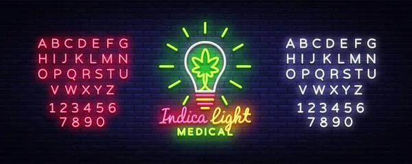 Marihuana medische Logo Neon Vector. Ontwerp Concept Cannabis Indica Light, opslaan en groeiende cannabino medische apparatuur, lichte banner. Vectorillustratie. Bewerken tekst lichtreclame — Stockvector