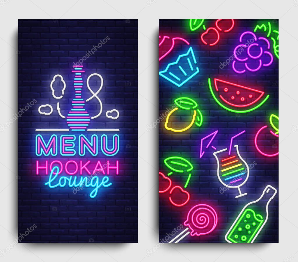 Hookah lounge menu design template vector. Hookah lounge typography modern trend design, vertical banners, nightlife neon advertising hookah. Vector Illustration.