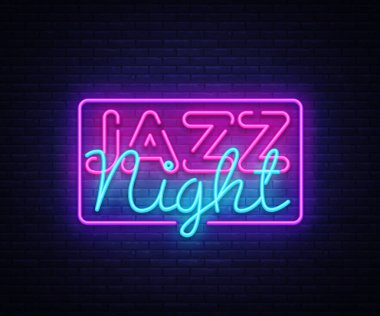 Caz gece neon işareti vektör. Caz müzik tasarım şablonu neon tabela, ışık afiş, neon tabela, parlak reklam her gece. Vektör çizim