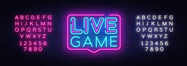 Oyun neon işareti vektör yaşamak. Canlı oyun tasarım şablonu neon tabela, ışık afiş, neon tabela, her gece parlak reklam, ışık yazıt. Vektör çizim. Metin neon işareti düzenleme