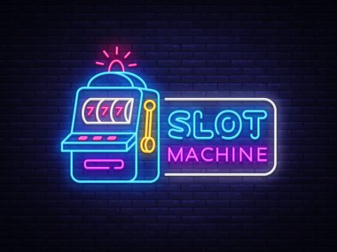Slot makinesidir neon işareti vektör. Casino tasarım şablonu neon tabela, Slot makinesidir ışık afiş, neon tabela, modern trend tasarım, her gece parlak reklam, ışık yazıt. Vektör çizim