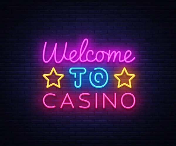 Welkom bij Casino teken vector ontwerpsjabloon. Casino neon logo, lichte banner designtrend element kleurrijke moderne design, nacht heldere reclame, heldere teken. Vectorillustratie — Stockvector