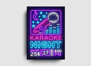 Karaoke tasarım poster vektör. Karaoke partisi tasarım şablonu ilanı, Neon tarzı, Karaoke gecesi broşür, Neon afiş, ışık el ilanı, konser davetiyesi, canlı müzik, gece parti daveti. Vektör