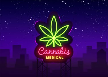 Marihuana tıbbi neon tabela ve logosu, modern trend tarzı grafik şablonu. Esrar bir organik kenevir olduğunu. Yeşil çiftlik vektör çizim. Billboard