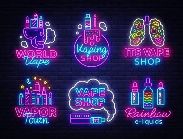 Vape Shop Logo toplama Neon vektör. Vape neon işareti koymak, kavramsal Amblemler Tema elektronik sigara, ışık afiş, gece parlak reklam, modern modern tasarım şablonunu tasarlayın. Vektör