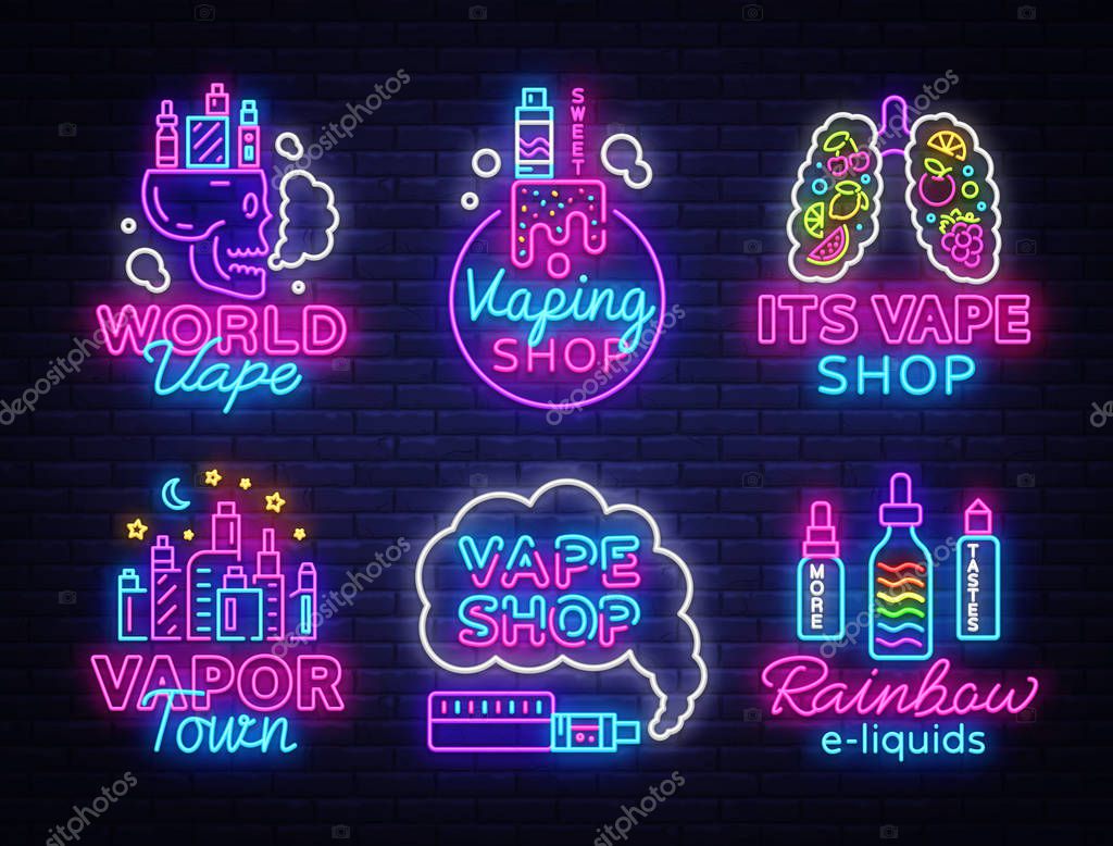 Vape Shop Logo collection Neon Vector. Vape neon sign set, Conceptual emblems design template on theme electronic cigarettes, light banner, night bright advertising, Trendy modern design. Vector.