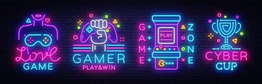 Video oyun neon işareti koleksiyonu vektör. Kavramsal logo, aşk oyunu, oyun logo, Oyun Zone, Cyber spor amblemi vektör şablonu, Modern Trend Tasarla ışık afiş, tasarım öğesi içinde. Vektör