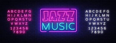 Caz müzik neon işareti vektör. Caz müzik tasarım şablonu neon tabela, ışık afiş, neon tabela, parlak reklam her gece. Vektör çizim. Metin neon işareti düzenleme