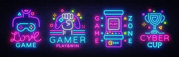 Videospiel Neon Sign Collection Vektor. konzeptionelle Logos, Liebesspiel, Gamer-Logo, Spielzone, Cyber-Sport-Emblem in modernem Trenddesign, Vektorvorlage, Lichtbanner, Designelement. Vektor — Stockvektor