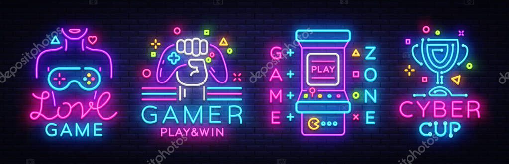 Video Game neon sign collection vector. Conceptual Logos, Love Game, Gamer logo, Game Zone, Cyber sport Emblem in Modern Trend Design, Vector Template, Light Banner, Design Element. Vector.