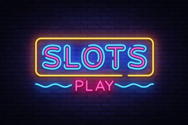 Yuvaları Oyun neon işareti vektör. Slot makinesi tasarım şablonu neon tabela, ışık afiş, neon tabela, parlak reklam, her gece yazıt ışık. Vektör çizim
