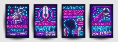 Karaoke partisi poster koleksiyonu neon vektör. Karaoke gecesi tasarım şablonu, parlak neon broşür, modern trend tasarım, ışık banner, reklam kartpostal partisine tipografi davet. Vektör