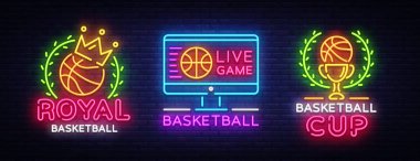 Basketbol Neon Logo toplama vektör. Basketbol neon tabela, tasarım şablonu, modern trend tasarım, spor neon tabela, gece parlak reklam, ışık afiş, ışık sanat. Vektör çizim