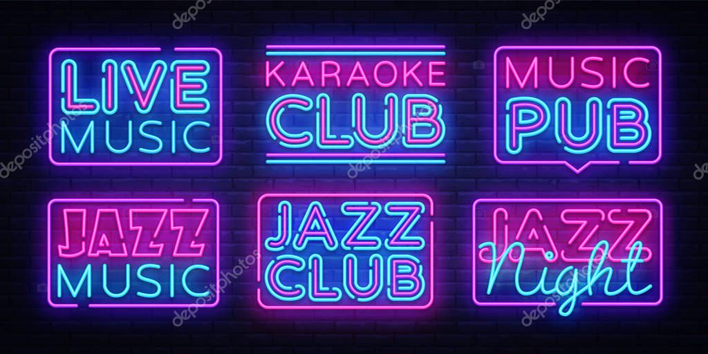 Big collection Live Music neon signs vector. Jazz Music design template neon sign, light banner, neon signboard, nightly bright advertising, light inscription. Vector illustration.