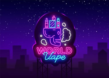 Logo neon tarzı elektronik sigara. Vape dükkanı Neon tabela, dünya Vape kavramı ile kafatası, amblem, parlak gece tabela, Neon elektronik sigara reklam. Vektör çizim. Billboard