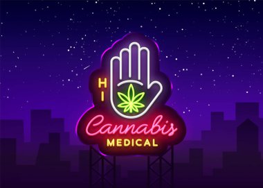 Marihuana tıbbi neon tabela ve logosu, modern trend tarzı grafik şablonu. Esrar bir organik kenevir olduğunu. Yeşil çiftlik vektör çizim. Billboard