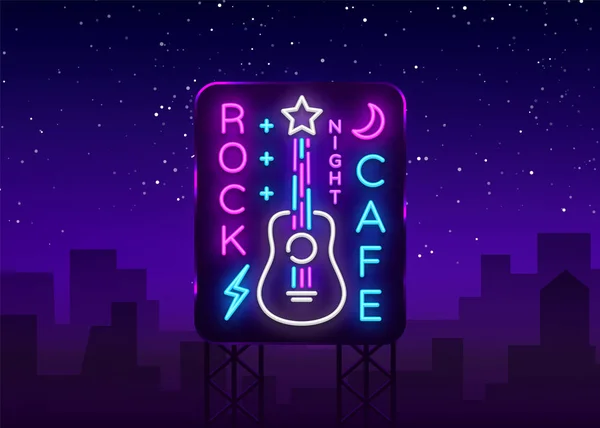 Logo Rock Café Neon Vector. Rock Café Neon Sign, Concept with guitar, Bright Night Advertising, Light Banner, Música en vivo, Karaoke, Night Club, Neon Signboard, Design Element. Billboard de vectores — Archivo Imágenes Vectoriales