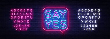 Evet demek neon vektör imzalar. Evet demek metin tasarım şablonu neon tabela, ışık afiş, neon tabela, her gece parlak reklam, ışık yazıt. Vektör çizim. Metin neon işareti düzenleme