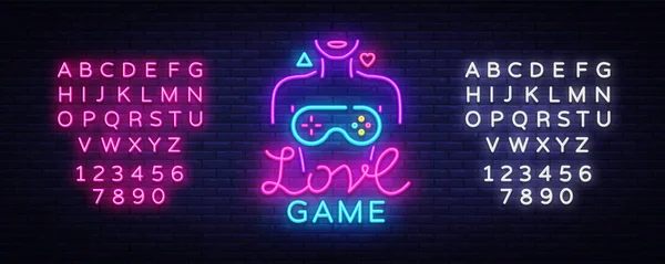 Video Games Vector Conceptual Logo. Love Game neon sign, modern trend design, bright vector illustration, promotional character games, light banner. Vector Illustration. Editing text neon sign — Stock Vector