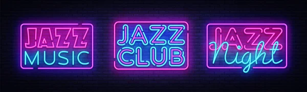 Jazz Music neon sign collection vector. Jazz Music mendesain templat neon sign, light banner, neon signboard, nightly bright advertising. Ilustrasi vektor - Stok Vektor