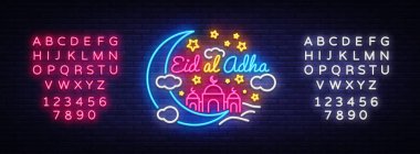 Kurban Bayramı bayram kartı tasarım şablonu modern eğilim tarzı. Neon tarzı, İslam ve Arap arka plan Müslüman toplum tatil için. Kurban Bayrami. Vektör. Metin neon işareti düzenleme