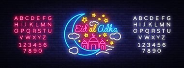 Eid-Al-Adha festive card design template in modern trend style. Neon style, Islamic and Arabic background for the holiday of the Muslim community. Kurban Bayrami. Vector. Editing text neon sign clipart
