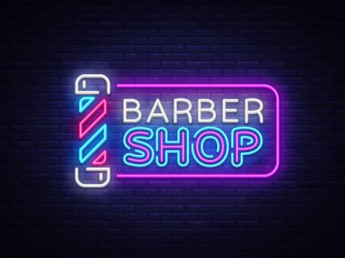 Berber dükkanı işareti vektör tasarım şablonu. Berber dükkanı neon logo, ışık afiş tasarım öğesi renkli modern tasarım trend, gece parlak reklam, parlak işareti. Vektör çizim.