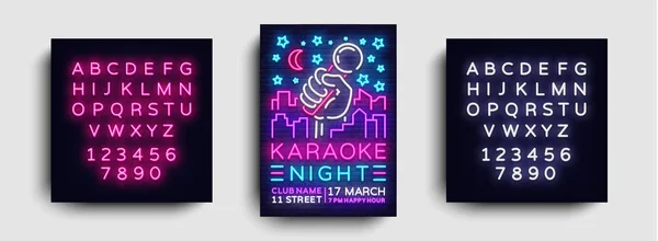 Karaoke natt affisch neon vektor. KaraokeParty design mall, ljust neon broschyr, moderna trenden design, ljus banner, typografi inbjudan party, vykort. Vektor. Redigera text neonskylt — Stock vektor