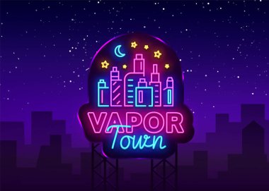 Vape dükkanı neon işareti vektör. Vaping mağaza Logo Amblem Neon, onun Vape salonu konsept buharı kasaba yasaktır mücadele. Baskı ve t-shirtler reklam için moda tasarımcısı öğeleri. Vektör Billboard