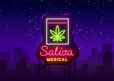 Marihuana tıbbi Logo Neon vektör. Sativa tıbbi, esrar yasaktır, depolama ve cannabino tıbbi malzeme, tarımı ışık afiş, tasarım şablonu. Vektör çizim. Billboard