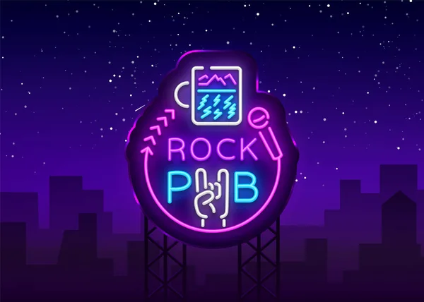 Rock Pub Logo Neon Vector. Rock Bar Neon Sign, Concept with a glass, Bright Night Advertising, Light Banner, Live Music, Karaoke, Night Club, Neon Signboard, Design Element. Vector. Billboard