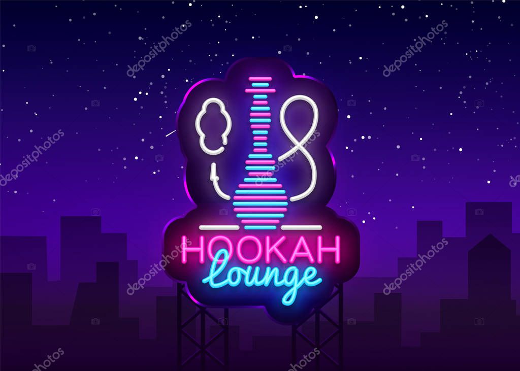 Hookah neon sign vector. Hookah Lounge logo in neon style design pattern bright advertising Hookah night, light banner design element. Vector illustration. Billboard.