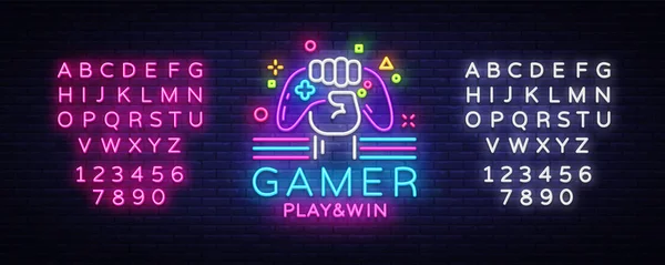Oyun oynamak kazanmak logo neon işareti vektör logo tasarım şablonu. Oyun gecesi logo neon tarzı, gamepad elinde, modern trend tasarım, ışık afiş, parlak reklam. Vektör. Metin neon işareti düzenleme