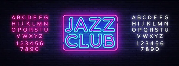 Jazz Club neonskylt vektor. Jazz musik design mall neonskylt, ljus banner, neon skylt, nattliga ljusa reklam. Vektorillustration. Redigera text neonskylt — Stock vektor