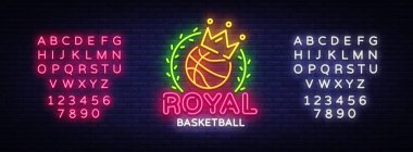 Basketbol neon işareti vektör. Kraliyet basketbol tasarım şablonu neon tabela, ışık afiş, neon tabela, modern trend tasarım, parlak reklam, ışık yazıt. Vektör. Metin neon işareti düzenleme