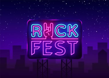 Rock Fest logo neon tarzı. Rock festivali neon gece işareti, tasarım şablonu vektör çizim Rock Festival, konser, canlı müzik, ışık afiş için. Vektör çizim. Billboard.