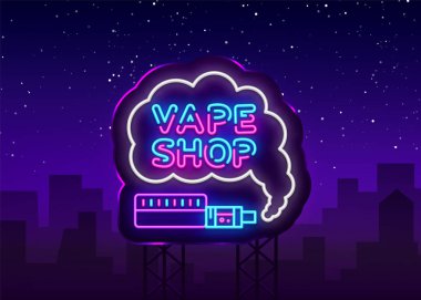 Vape dükkanı Logo Neon vektör. Vape neon tabela tasarım şablonu tema üzerinde elektronik sigara, afiş, gece parlak reklam Vaping mağaza, modern modern tasarım için ışık. Vektör çizim Billboard