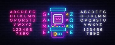 Oyun Zone Logo vektör Neon. Oyun oda neon tabela, oyun makinesi vektör tasarım şablonu, oyun endüstrisi reklam, banner, parlak neon tasarım öğesi ışık. Vektör. Metin neon işareti düzenleme