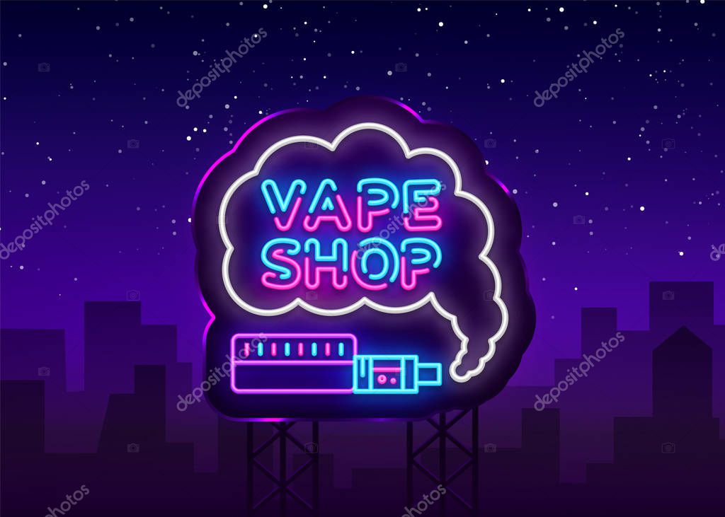 Vape Shop Logo Neon Vector. Vape neon sign design template on theme electronic cigarettes, light banner, night bright advertising for Vaping store, Trendy modern design. Vector Illustration. Billboard