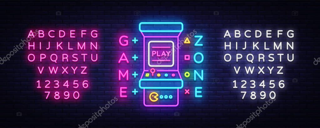 Game Zone Logo Vector Neon. Game Room neon sign board, design template, Gaming industry advertising, Gaming Machine vector, light banner, bright neon design element. Vector Art. Editing text neon sign