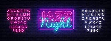Caz gece neon işareti vektör. Caz müzik tasarım şablonu neon tabela, ışık afiş, neon tabela, parlak reklam her gece. Vektör çizim. Metin neon işareti düzenleme