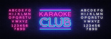 Karaoke Club neon işareti vektör. Karaoke tasarım şablonu neon tabela, ışık afiş, neon tabela, parlak reklam, her gece yazıt ışık. Vektör çizim. Metin neon işareti düzenleme