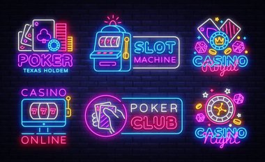 Büyük colletion neon tabela. Casino logolar ve amblemler. Slot makinesidir Casino tasarım şablonu neon tabela afiş, Poker neon tabela, modern trend tasarım, her gece parlak reklam ışık. Vektör