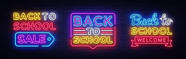 De volta ao vetor de coleta de sinais de néon escolar. Voltar à escola Cartão Design modelo neon sign, light banner, neon signboard, publicidade noturna brilhante, inscrição de luz. Ilustração vetorial — Vetor de Stock