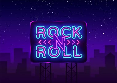 Rock and Roll logo neon tarzı. Rock müzik neon gece tabela, tasarım şablonu vektör çizim Rock Festival, konser, canlı müzik, ışık afiş için. Vektör çizim. Billboard