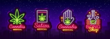 Marihuana tıbbi koleksiyonu neon tabela ve logosu, modern trend tarzı grafik şablonu. Tıbbi sativa, esrar bir organik kenevir var. Yeşil çiftlik vektör çizim. Billboard