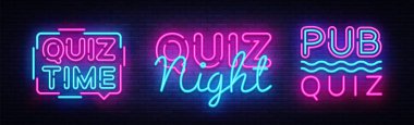 Quiz night collection announcement poster vector design template. Quiz night neon signboard, light banner. Pub quiz held in pub, bar, night club. Pub team game. Questions game retro light sign Vector clipart