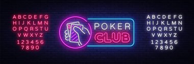 Poker neon tabela tasarım vektör şablonu. Casino Poker gece Logo, parlak Neon tabela, tasarım öğesi Casino, kumar Neon, gece parlak reklam için. Vektör çizim. Metin neon işareti düzenleme