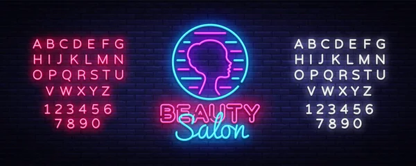 Salón de belleza signo vector diseño plantilla. Logo de neón de salón de belleza, elemento de diseño de banner de luz colorida tendencia de diseño moderno, noche brillante publicidad, signo brillante. Vector. Edición de texto signo de neón — Vector de stock